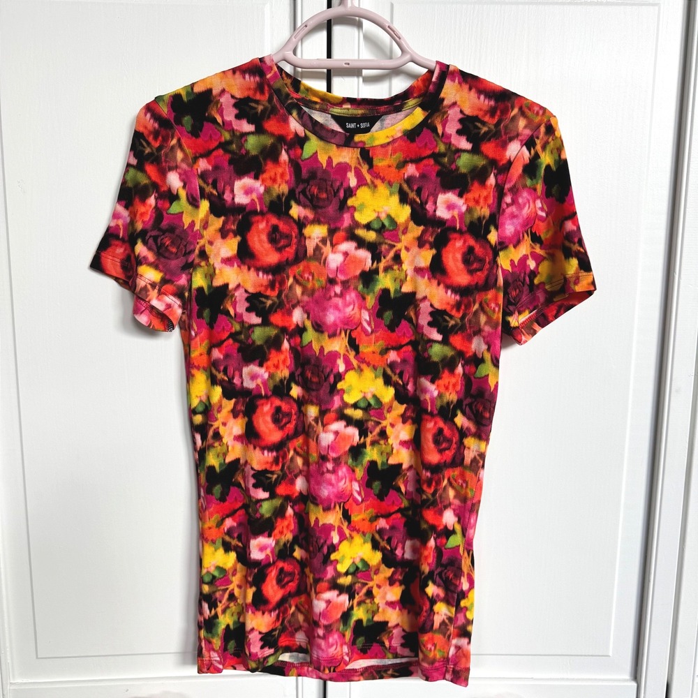 Saint + Sofia Women Floral Print Short Sleeve Tee Multi Color Size 6